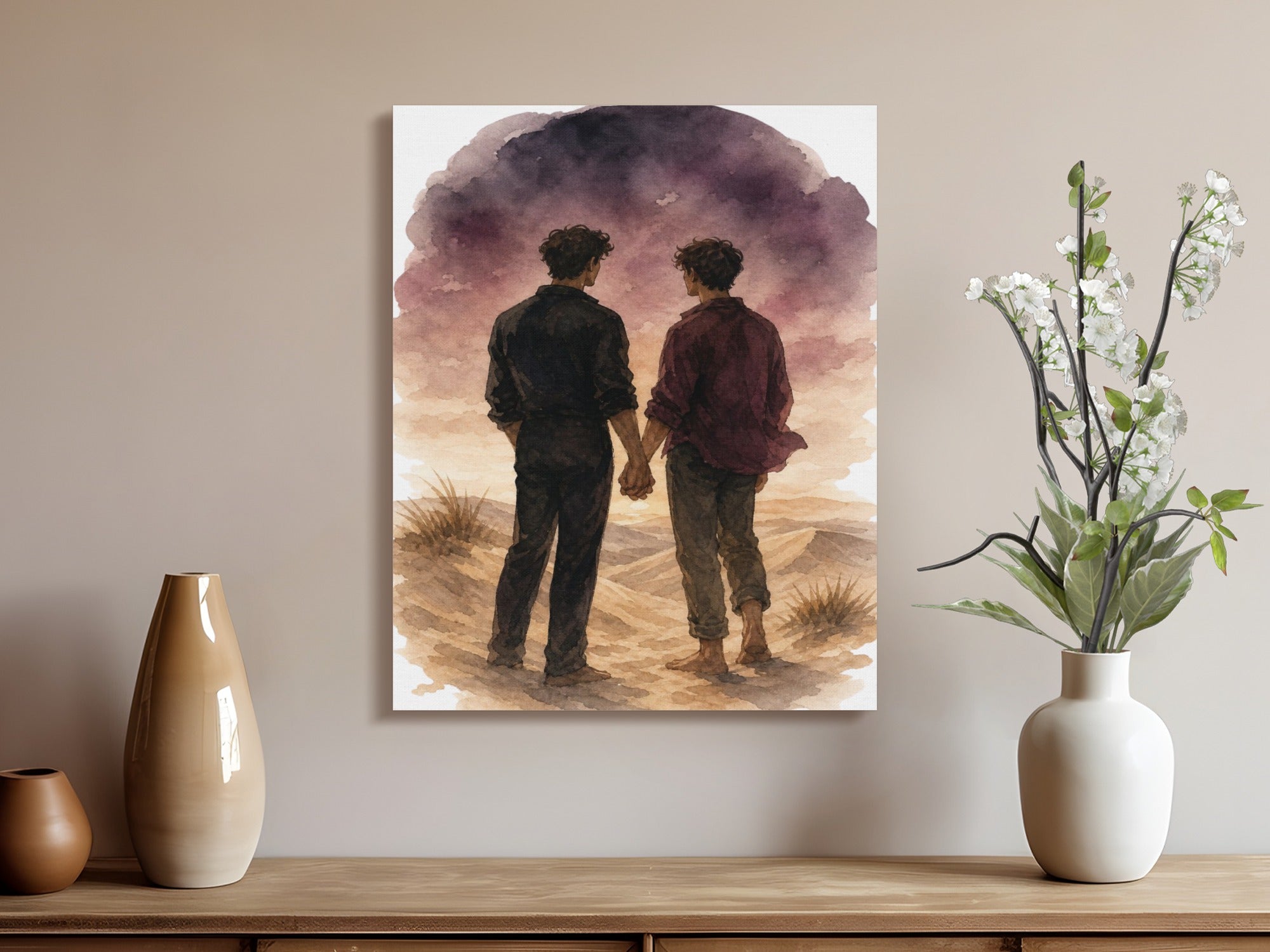 Watercolor painting of two men holding hands under a dark, stormy sky.