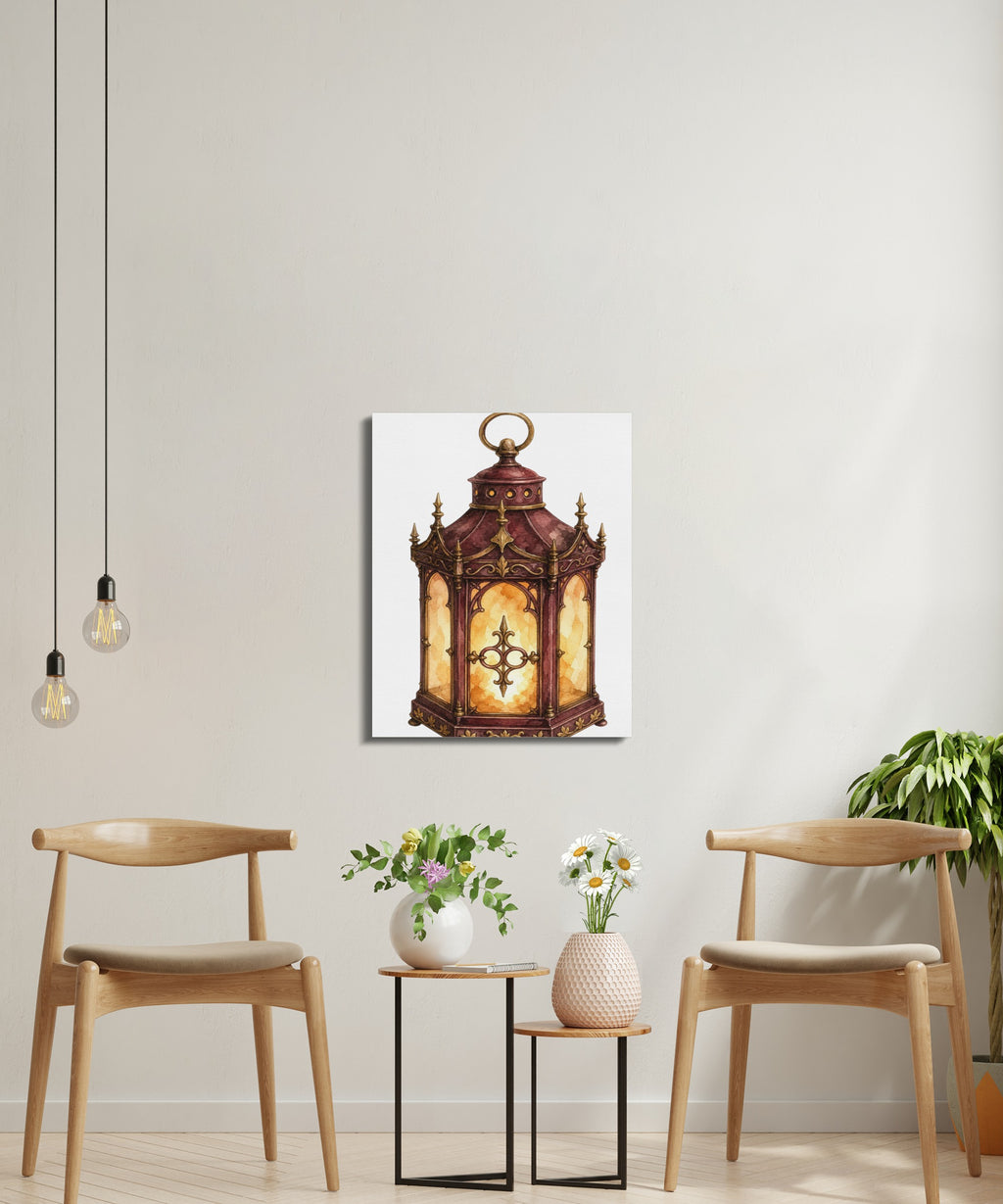 Watercolor painting of a detailed ornate, antique lantern with warm glowing light inside.