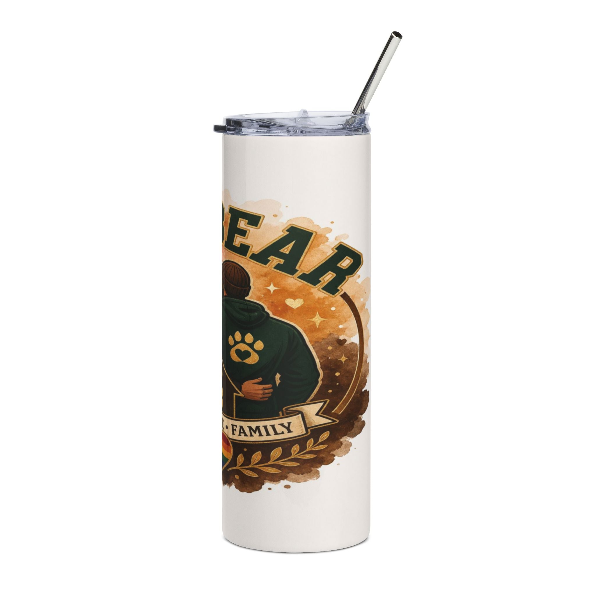 Tumbler with "Bear Family" text and paw print graphic.