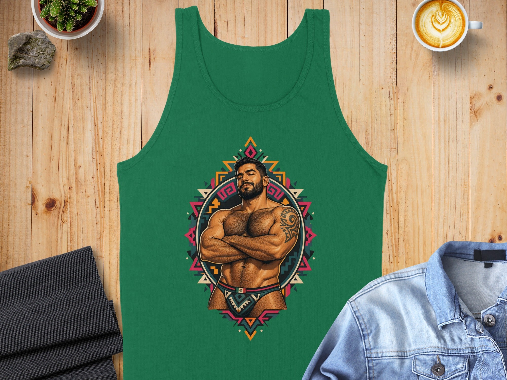 Green tank top with a muscular man in colorful tribal-patterned underwear.