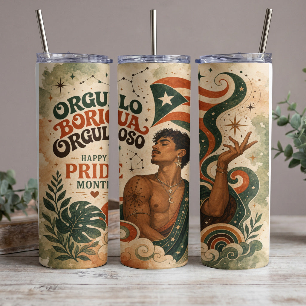 Pride Month tumbler with Puerto Rican flag, man, and tropical leaves.