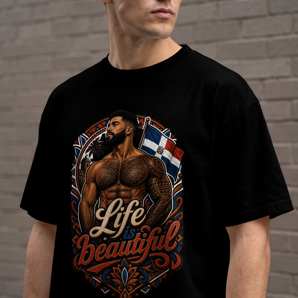 Black t-shirt with chest tattoo graphic featuring man, Dominican flag, and "Life is beautiful" text.