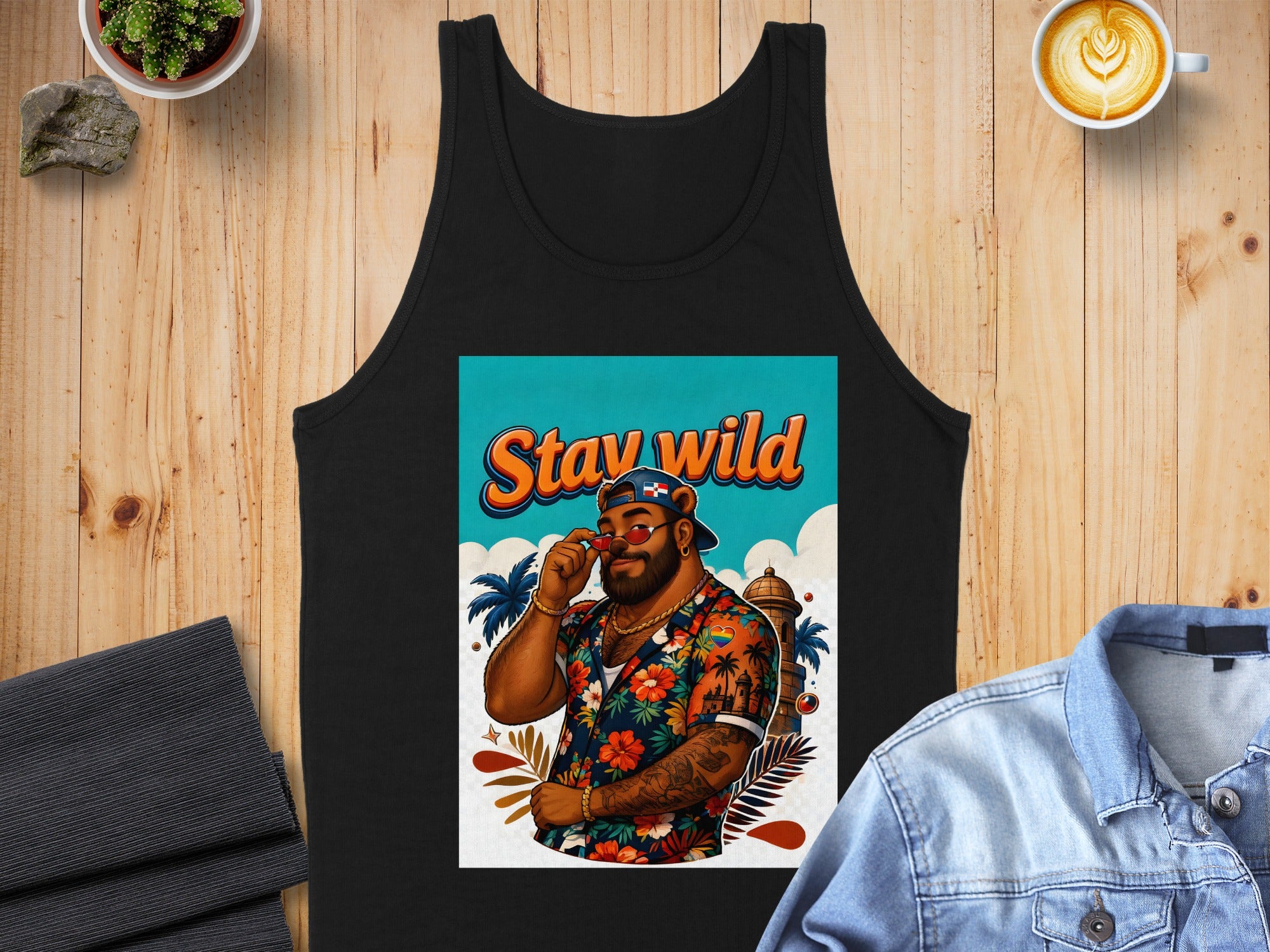 Black tank top with "Stay Wild" text and colorful tropical graphic.