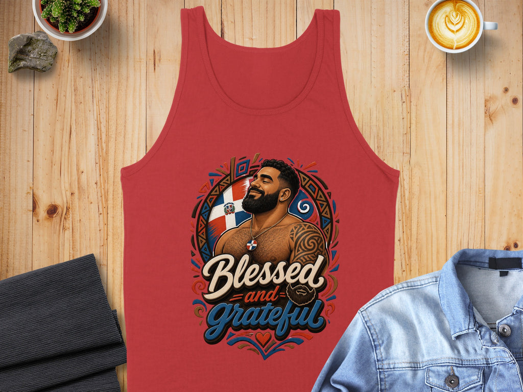 Red tank top with "Blessed and Grateful" text and a man with Dominican flag.