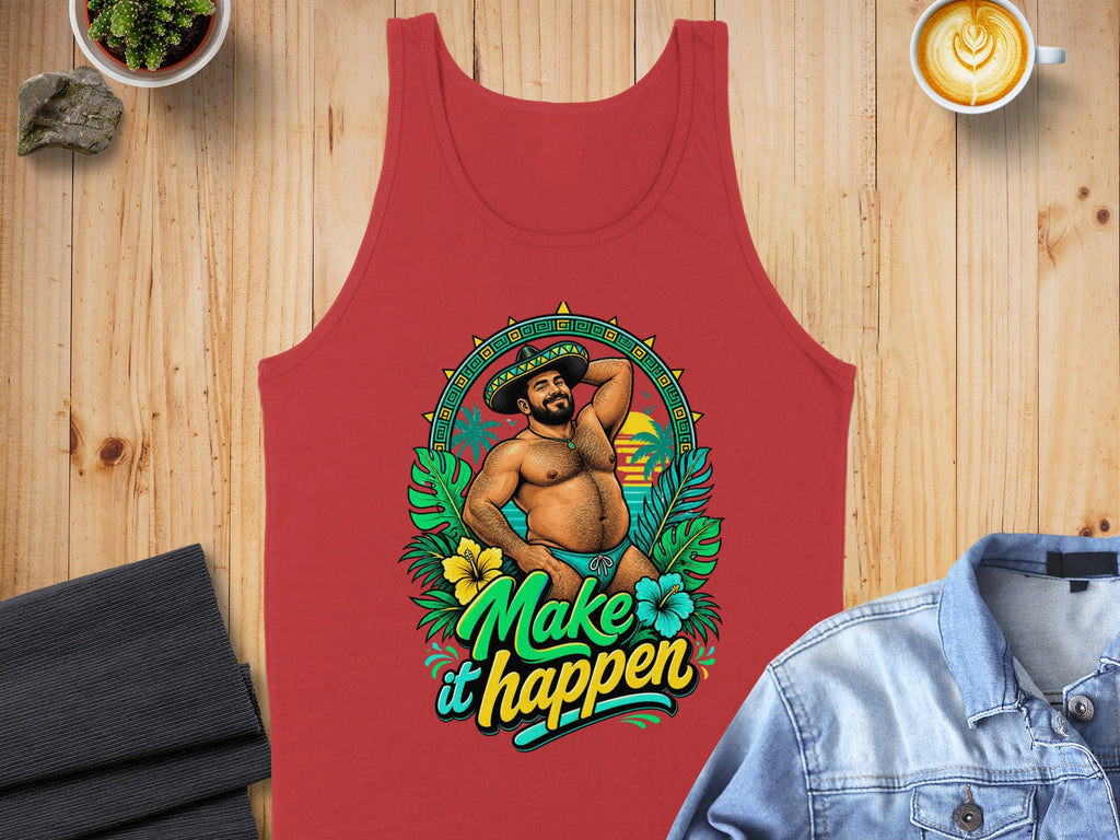 Red tank top with a man in a sombrero and tropical scene, "Make it happen" text.