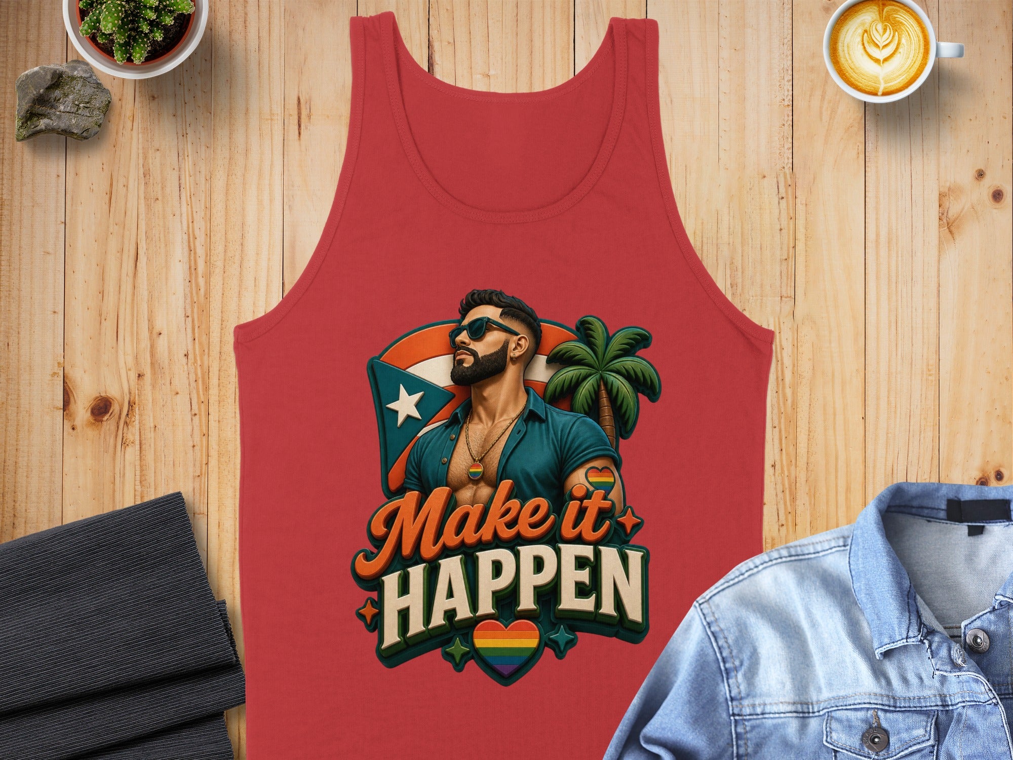 Red tank top with "Make it Happen" and rainbow heart graphic.