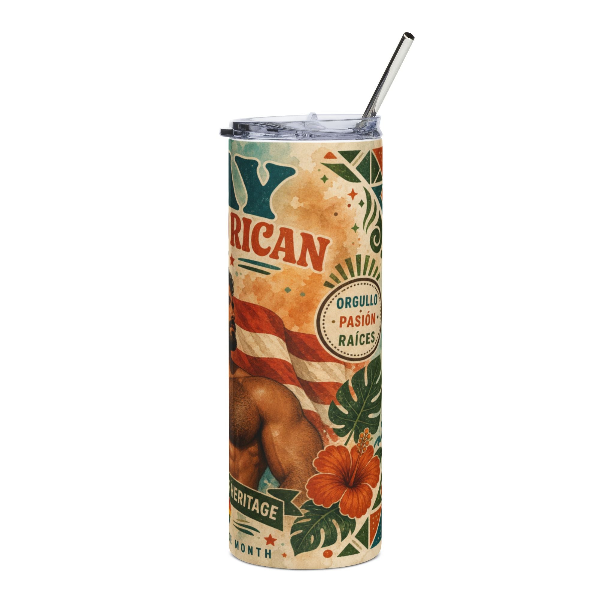 American Heritage Month tumbler with US flag, hibiscus, and tropical leaves.