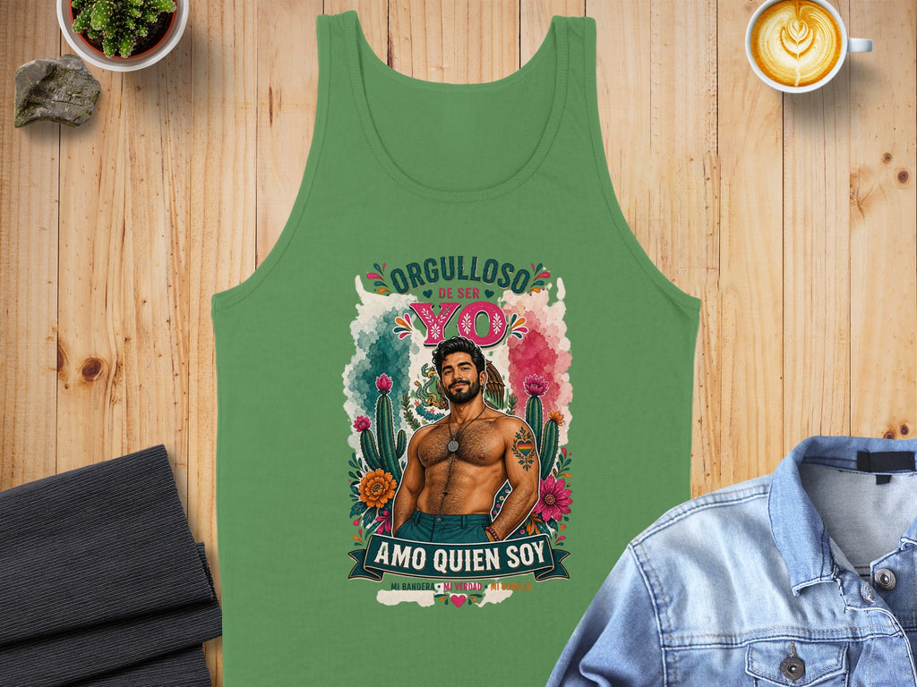Green tank top with "Orgulloso de ser Yo" text and a tattooed man.
