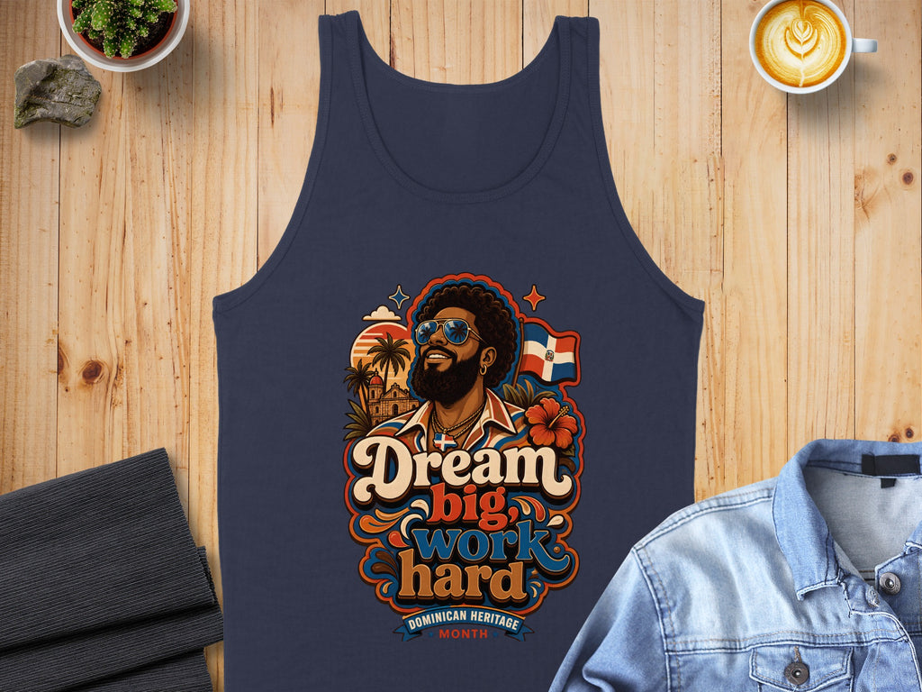Navy tank top with "Dream Big Work Hard" text and Dominican flag.