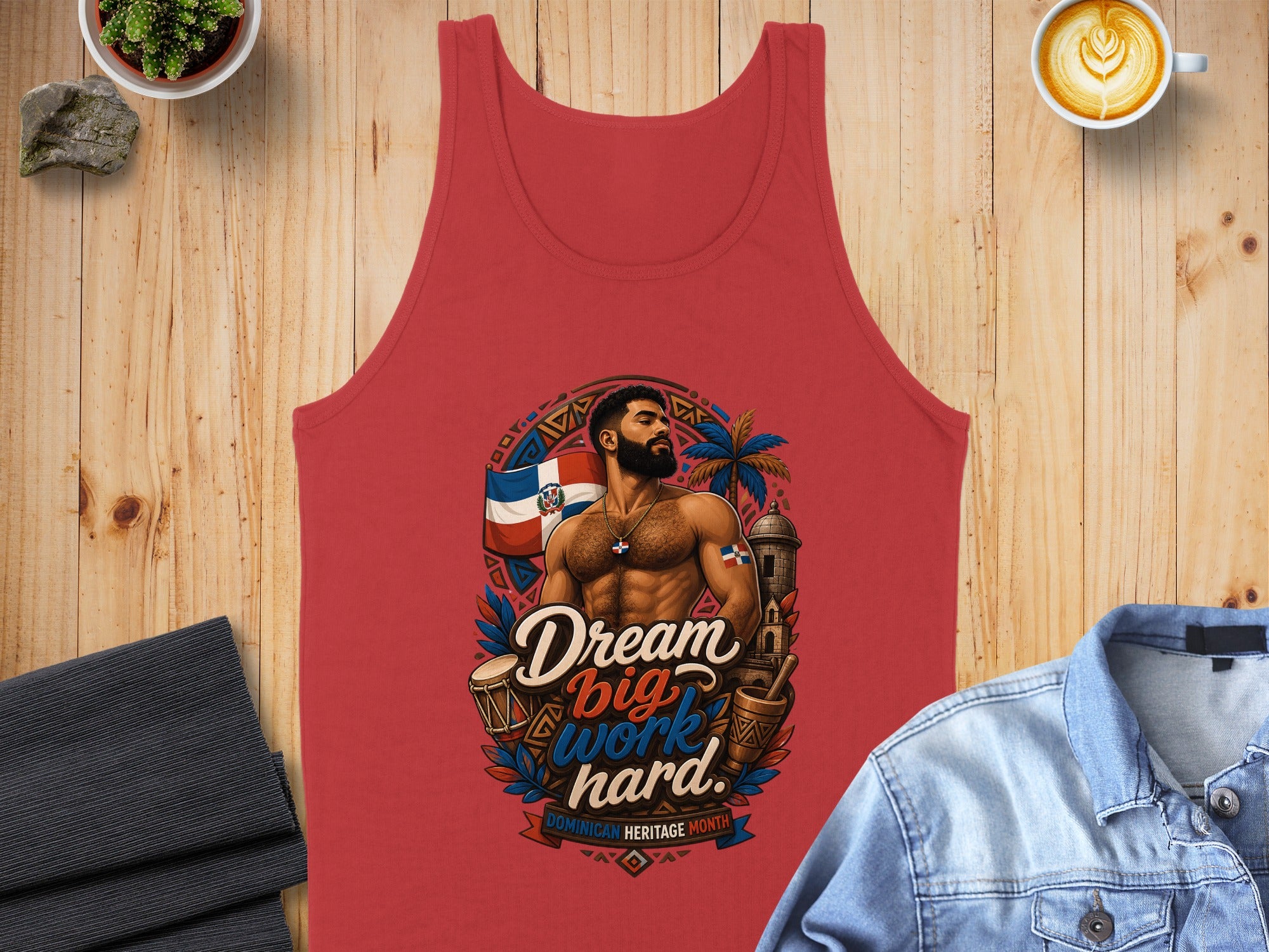 Red tank top with Dominican flag, muscular man, and "Dream big work hard" text.