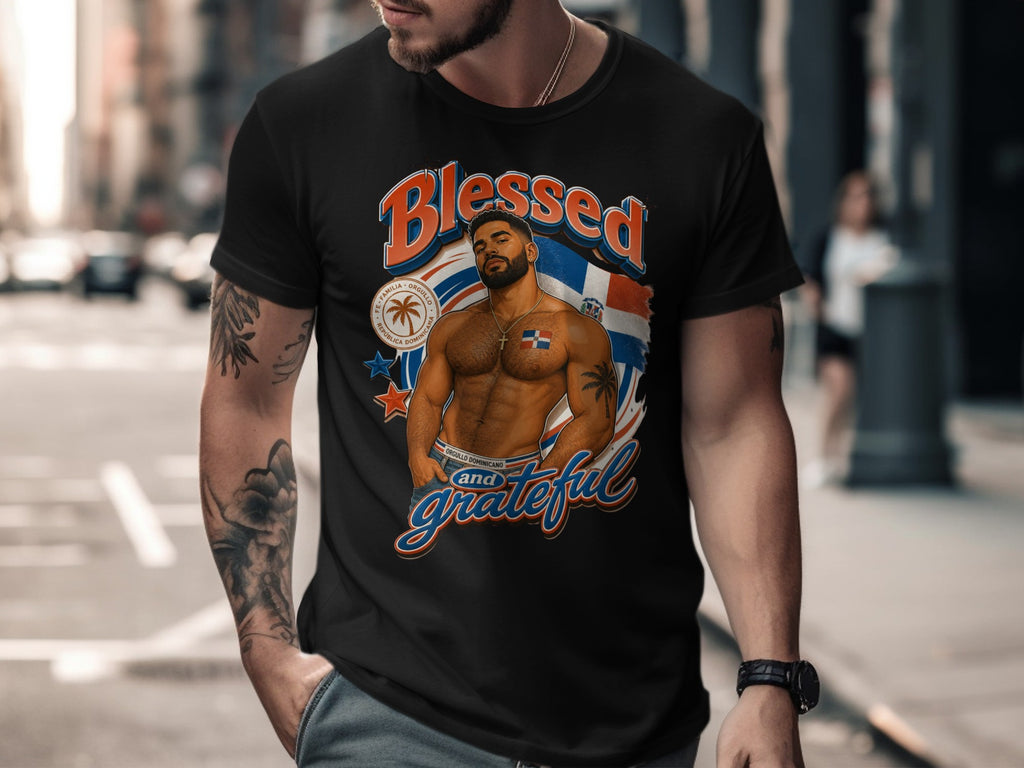 Man wearing black t-shirt with Dominican flag, cross, and "Blessed and grateful" text.
