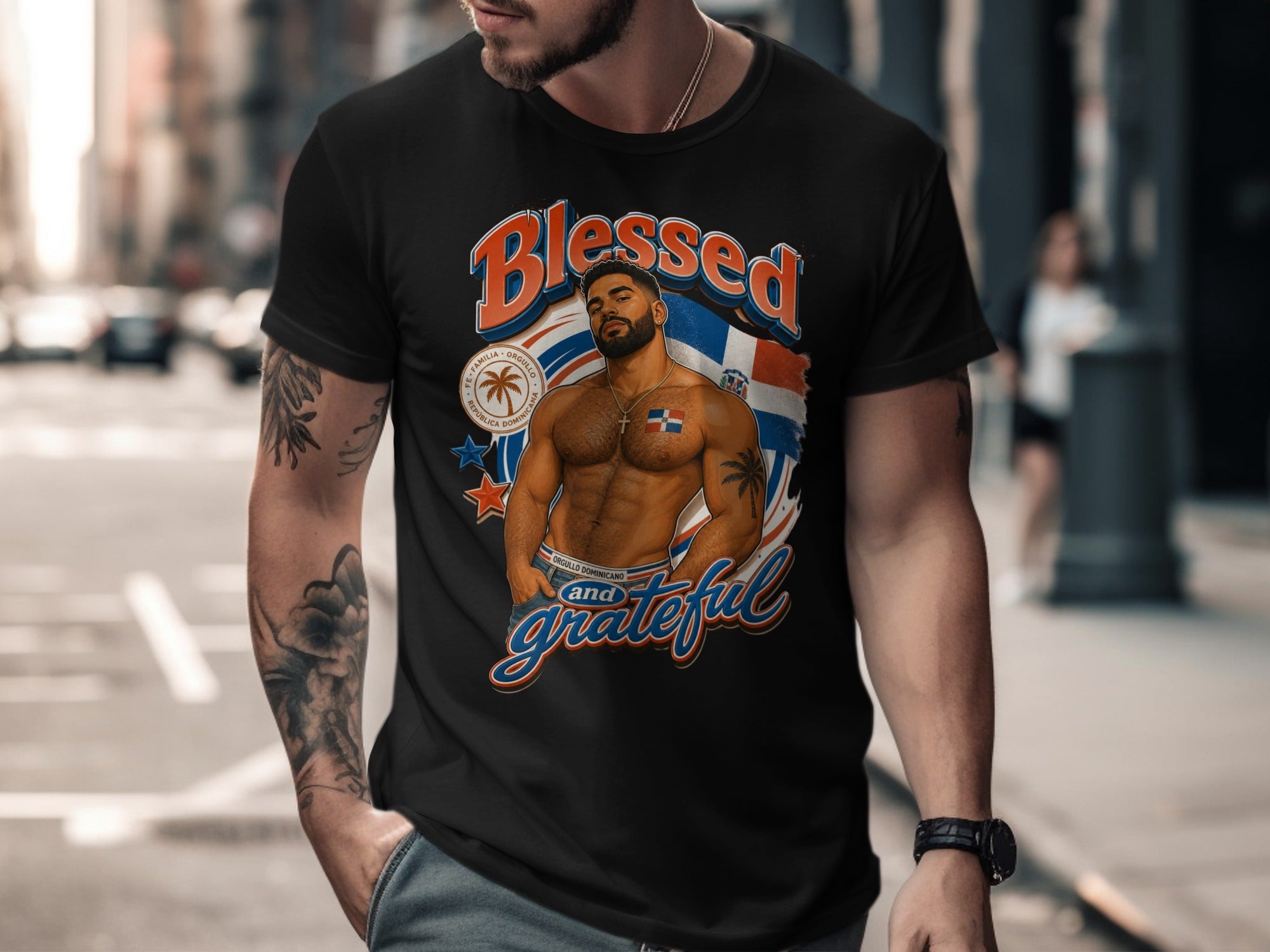 Man wearing black t-shirt with Dominican flag, cross, and "Blessed and grateful" text.