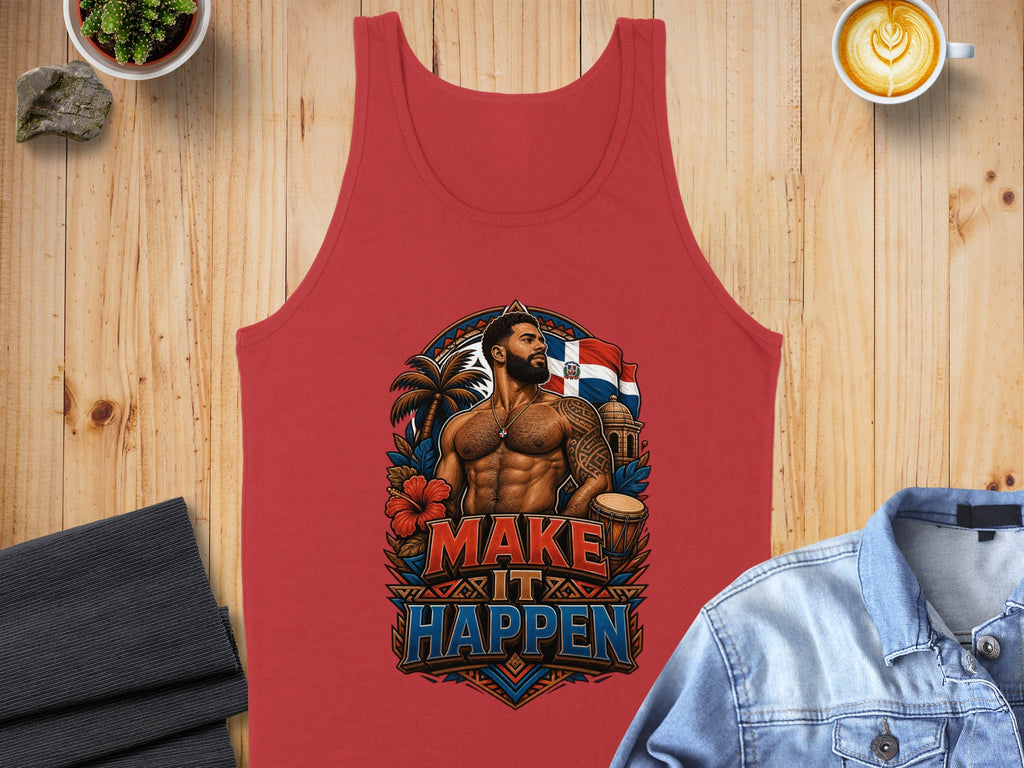 Red tank top with a muscular man graphic and Dominican flag.