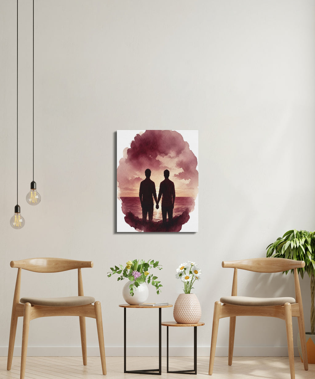 Couple holding hands silhouetted against a watercolor sunset over water.