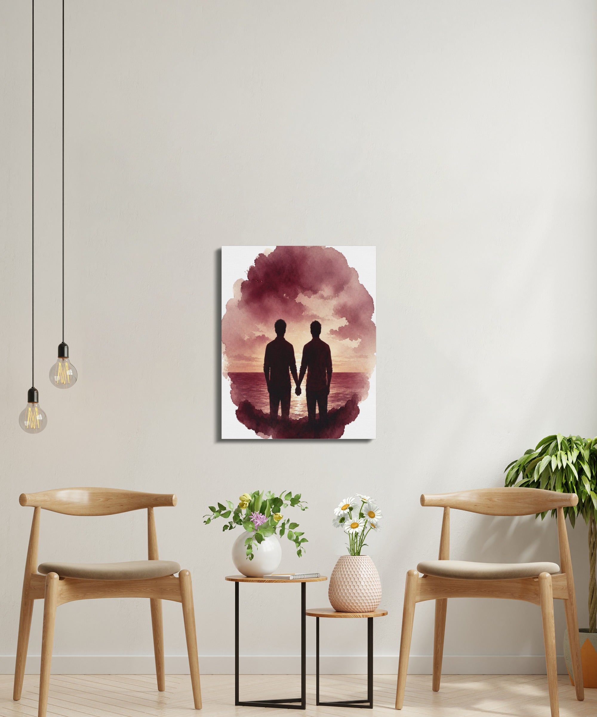 Couple holding hands silhouetted against a watercolor sunset over water.