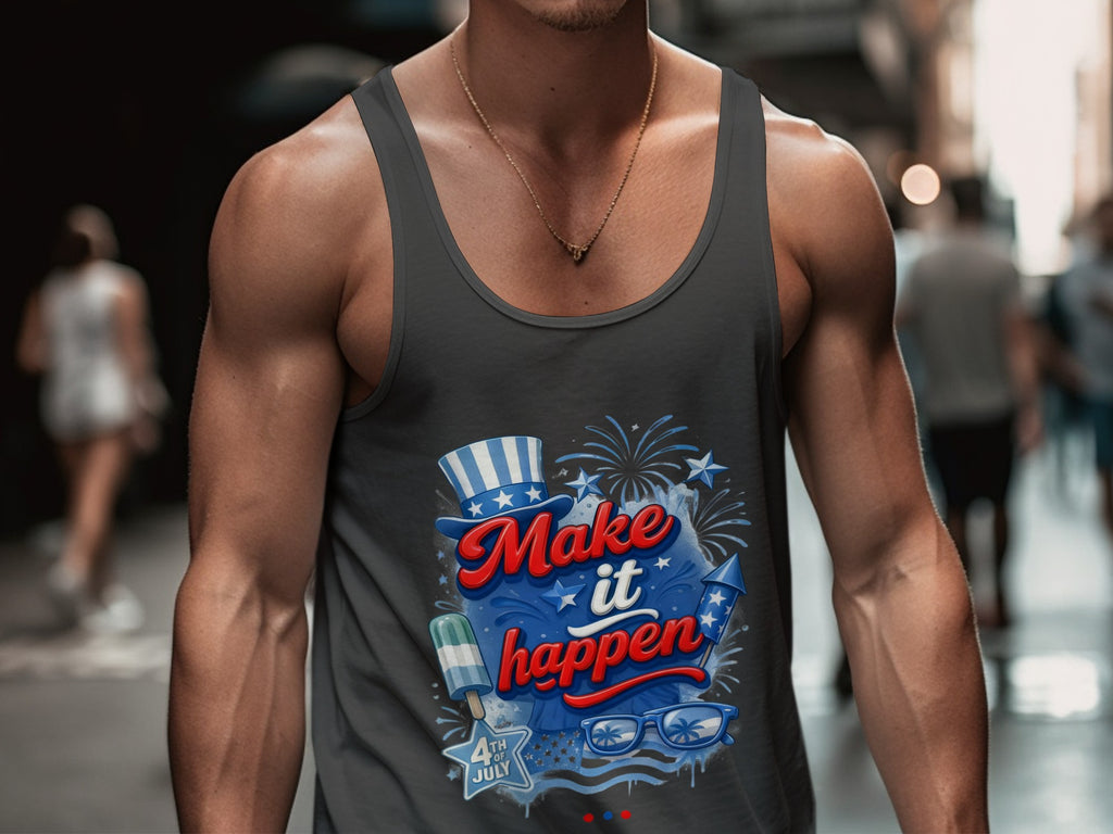 Dark gray tank top with 4th of July graphic featuring hat, fireworks, and text.