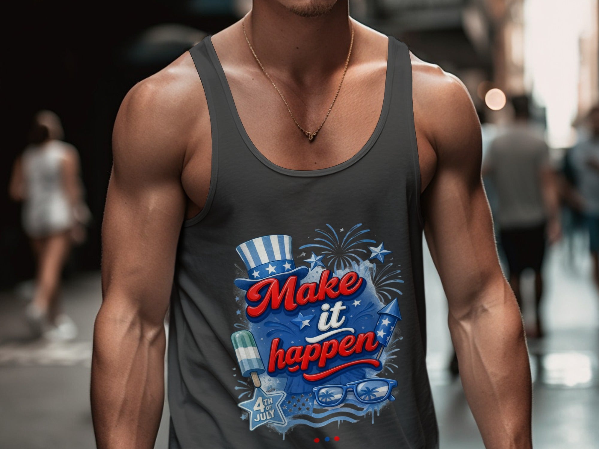 Dark gray tank top with 4th of July graphic featuring hat, fireworks, and text.