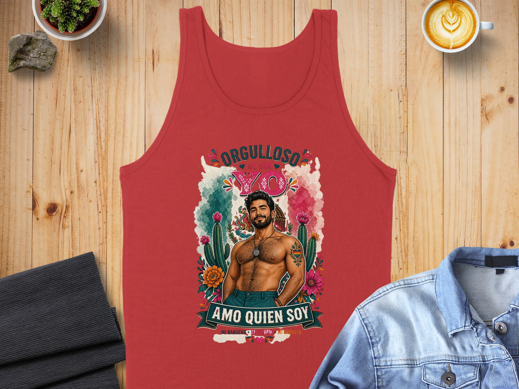 Red tank top with a colorful graphic of a man and "Orgulloso Amo Quien Soy."