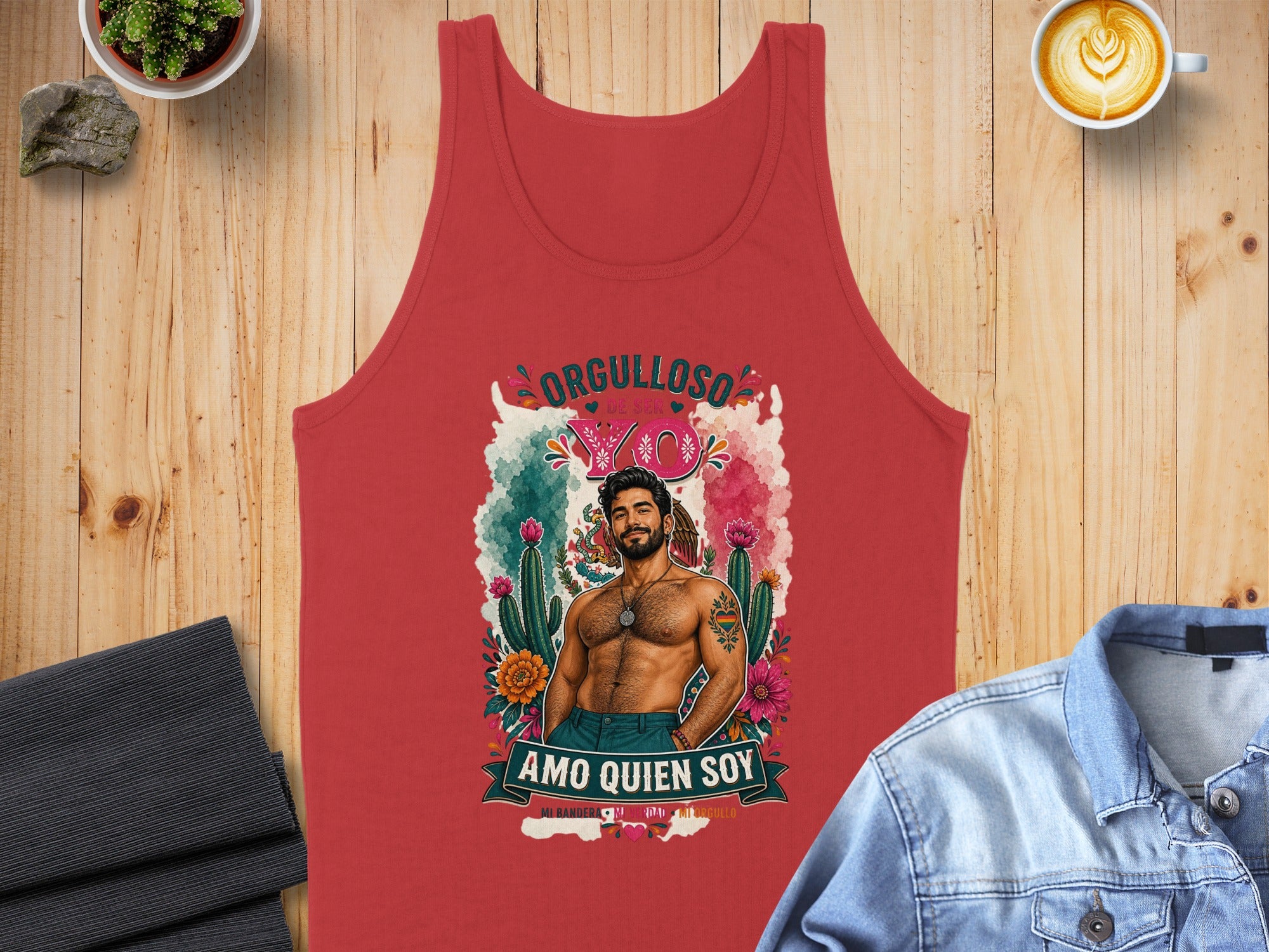 Red tank top with a colorful graphic of a man and "Orgulloso Amo Quien Soy."