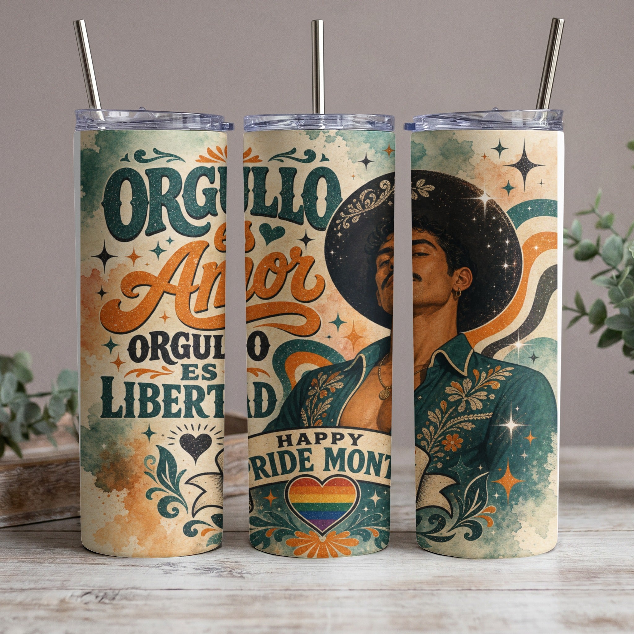 Tumblers with "Orgullo Amor Es Libertad" and pride rainbow heart, and "Happy Pride Month."