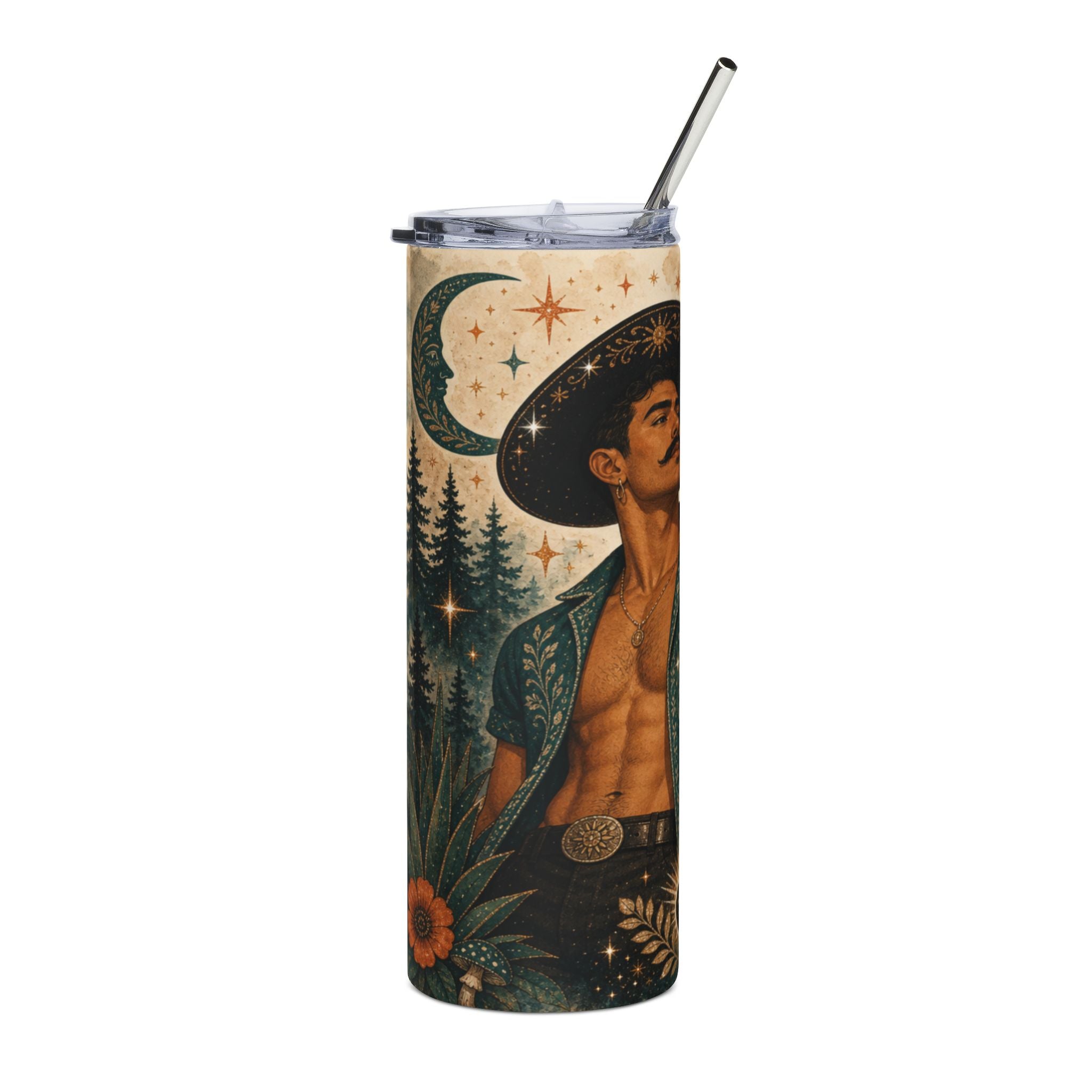 Man in cowboy hat and open shirt with celestial forest background on tumbler.