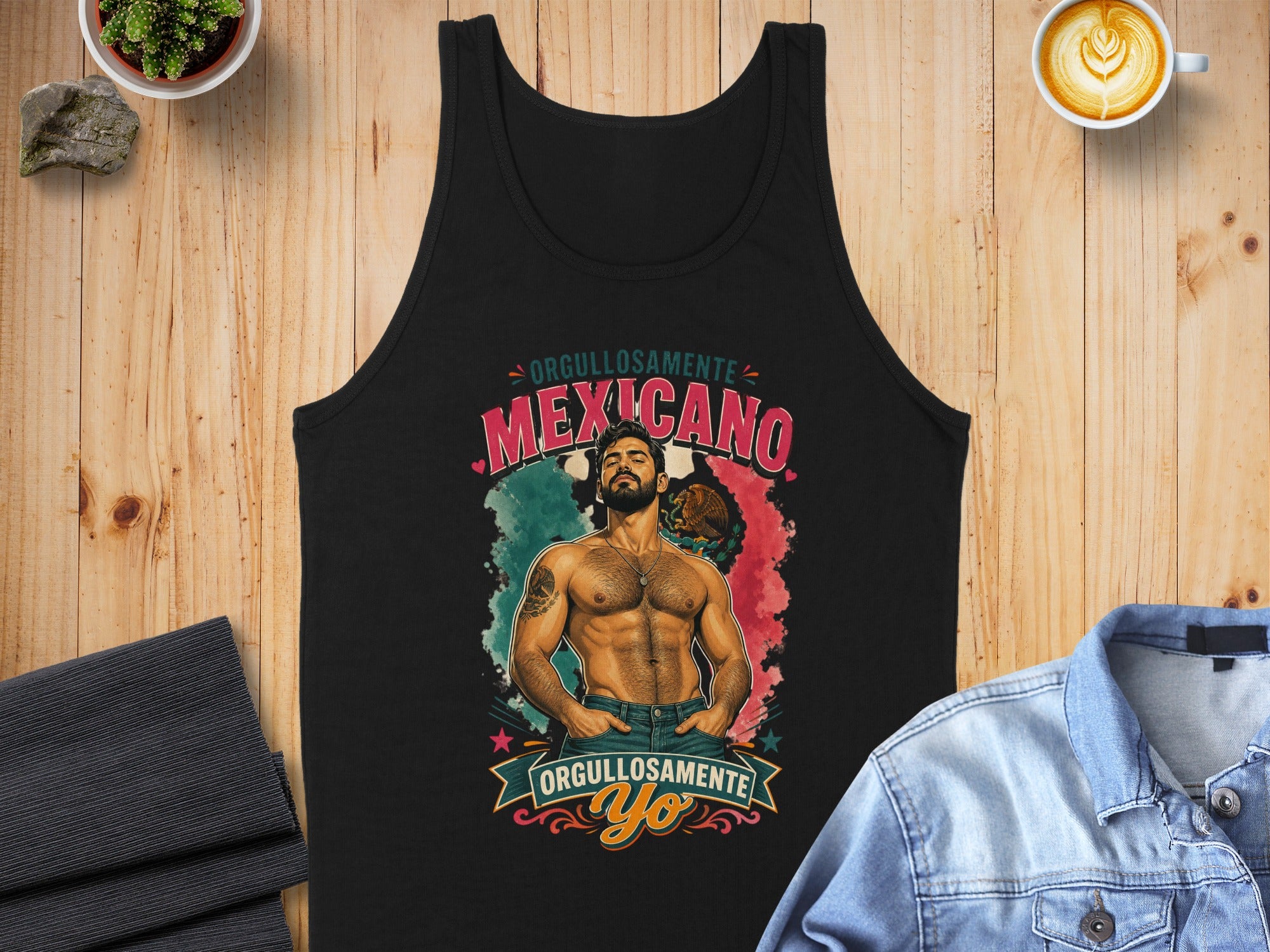 Black tank top with "Orgullosamente Mexicano Yo" graphic of a muscular man and Mexican flag.