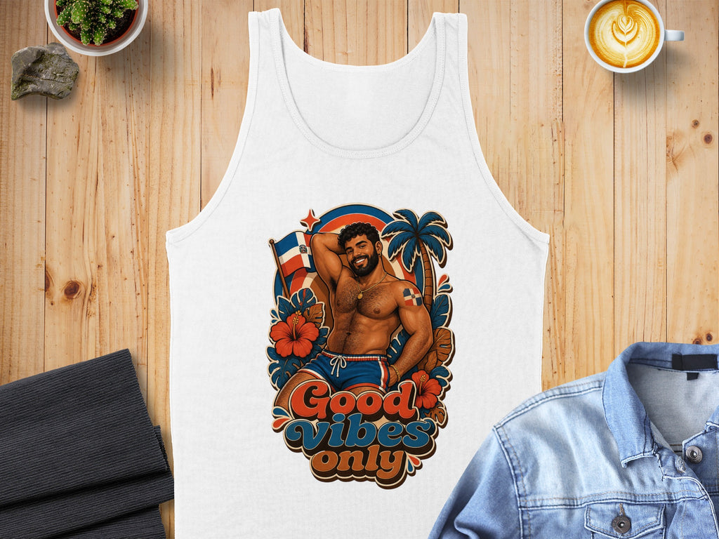 Men's tank top with "Good Vibes Only" text and illustrated man on beach.