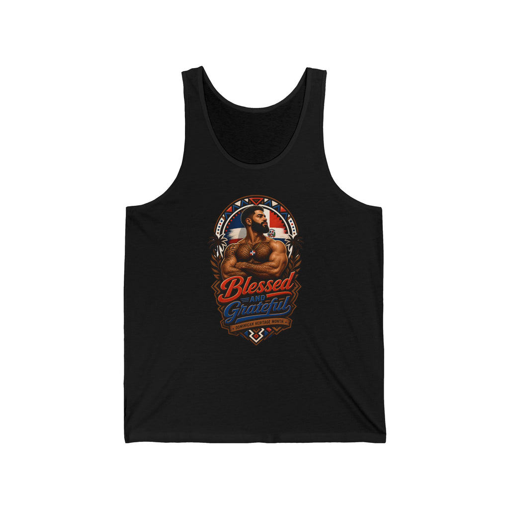 Black tank top with "Blessed and Grateful" Dominican heritage design.