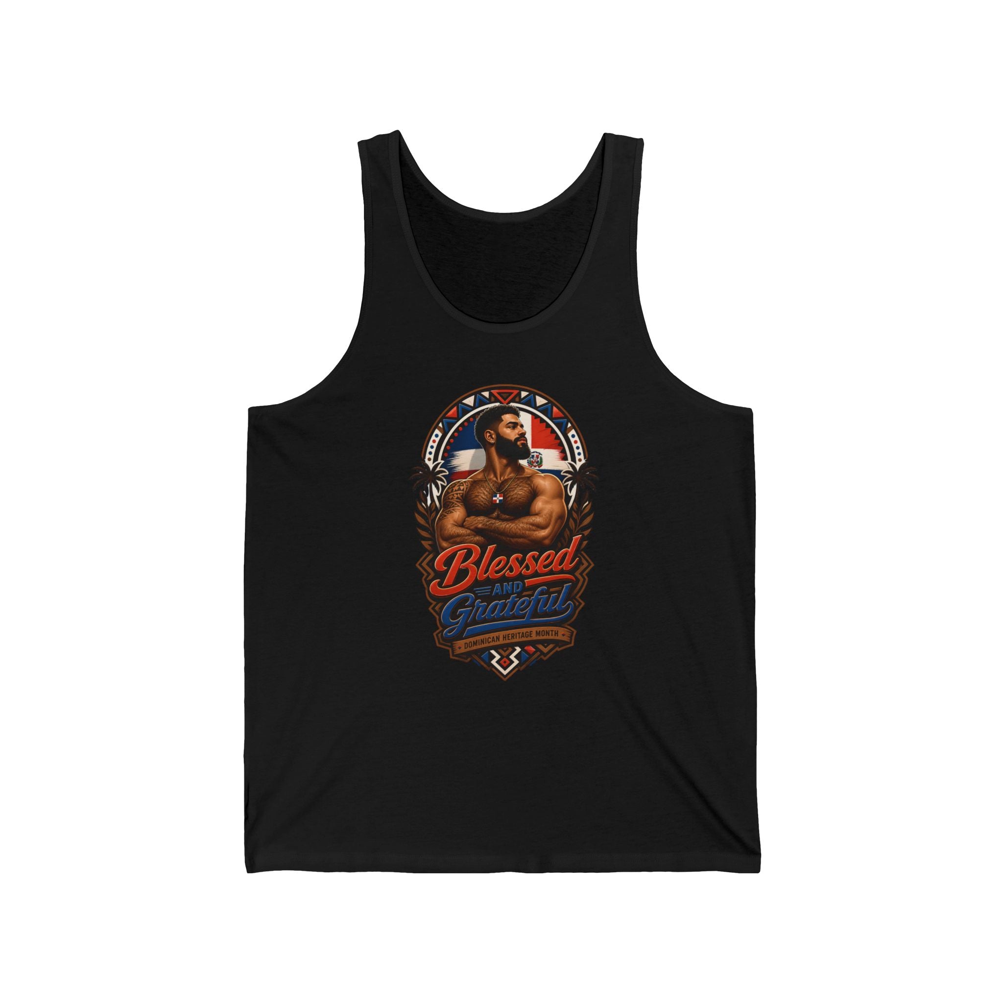 Black tank top with "Blessed and Grateful" Dominican heritage design.