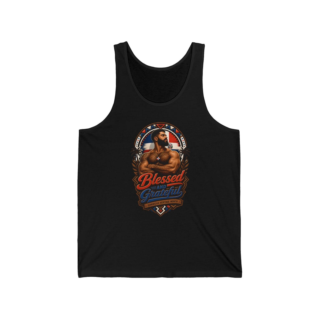 Black tank top with "Blessed and Grateful" Dominican heritage design.