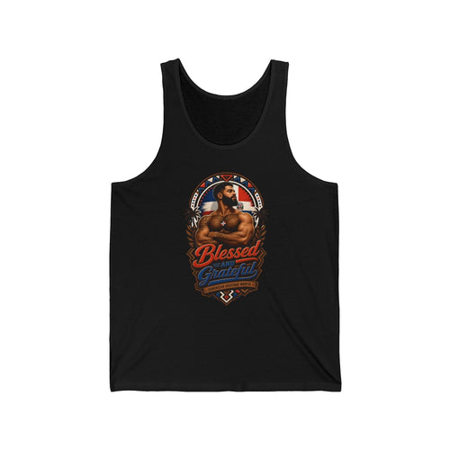 Black tank top with "Blessed and Grateful" Dominican heritage design.