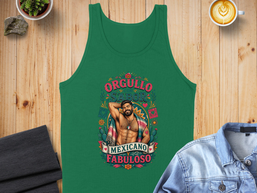 Green tank top with colorful "Orgullo con Sabor Mexicano Fabuloso" graphic.