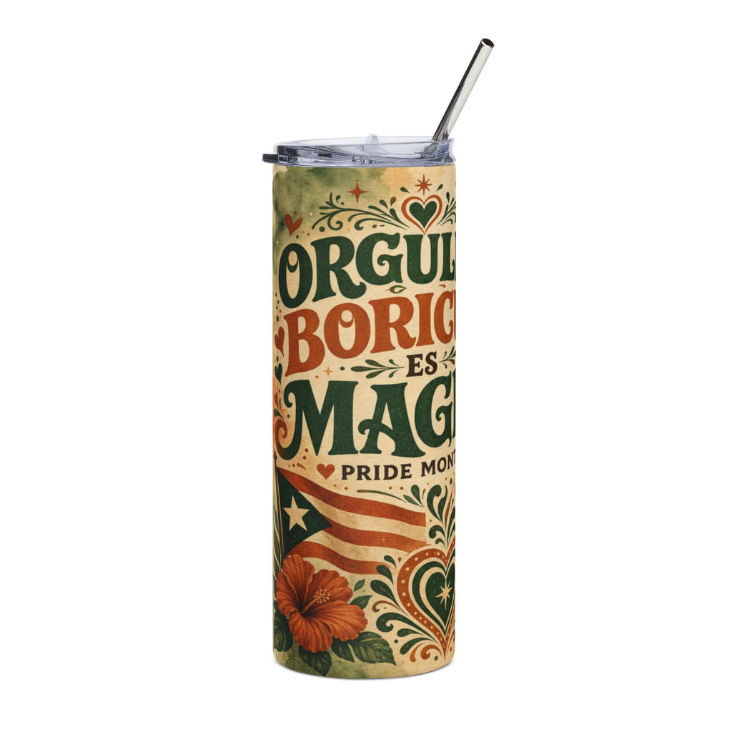Tall tumbler with "ORGULLO BORICUA" text and Puerto Rican flag.