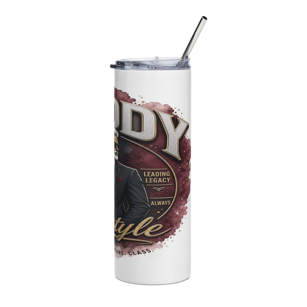 White tumbler with "DADY", "LEADING LEGACY", "ALWAYS", and "STYLE" text and a gentleman graphic.