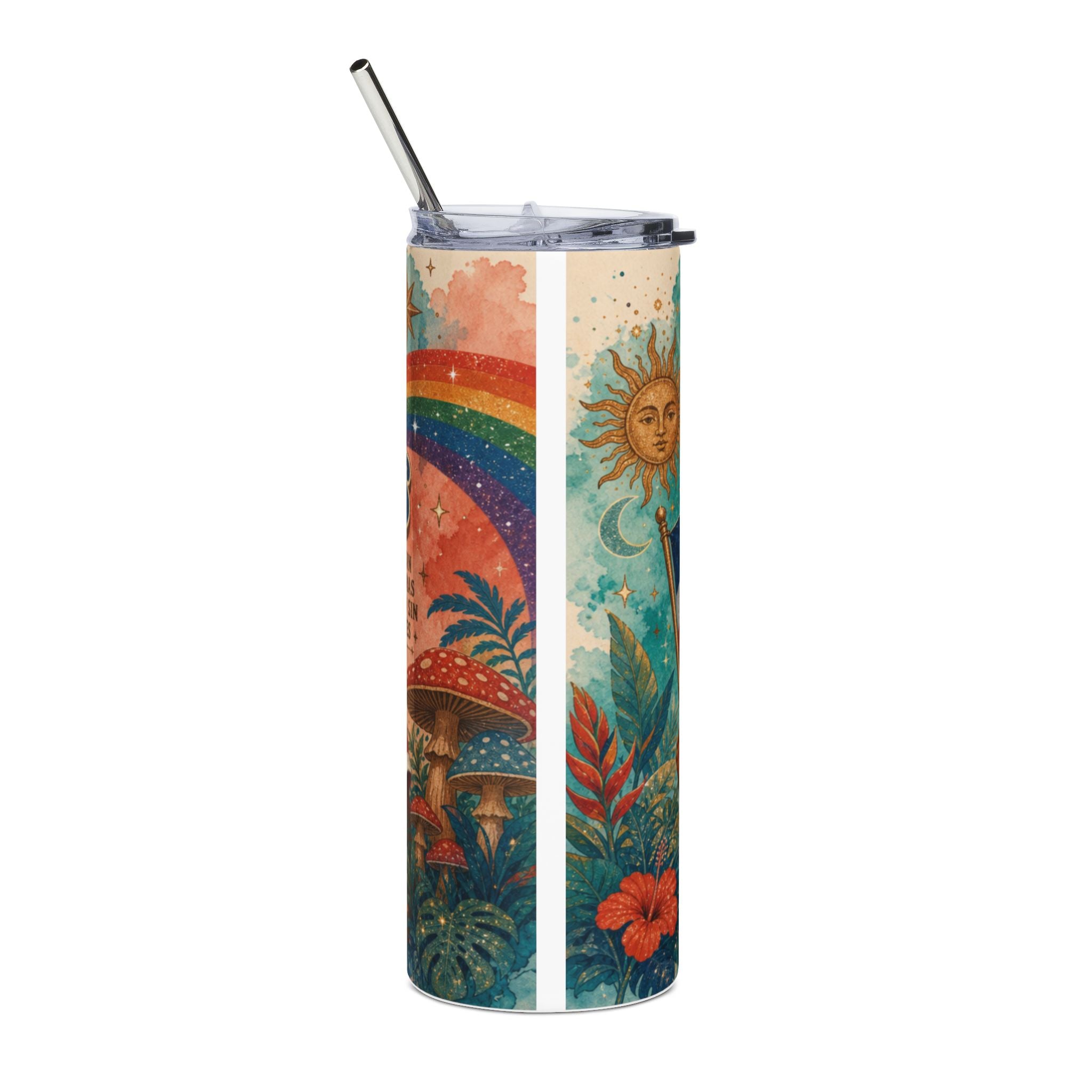 Sun, moon, rainbow, mushrooms, and tropical plants on a tumbler with straw.