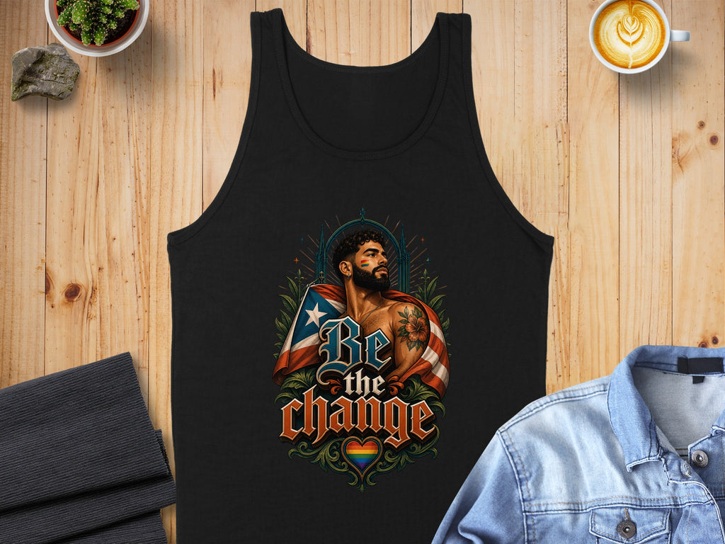 Black tank top with "Be The Change" slogan and patriotic LGBTQ+ pride artwork.