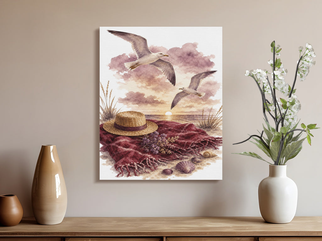 Watercolor beach scene with seagulls flying over a sunset, straw hat, and blanket.