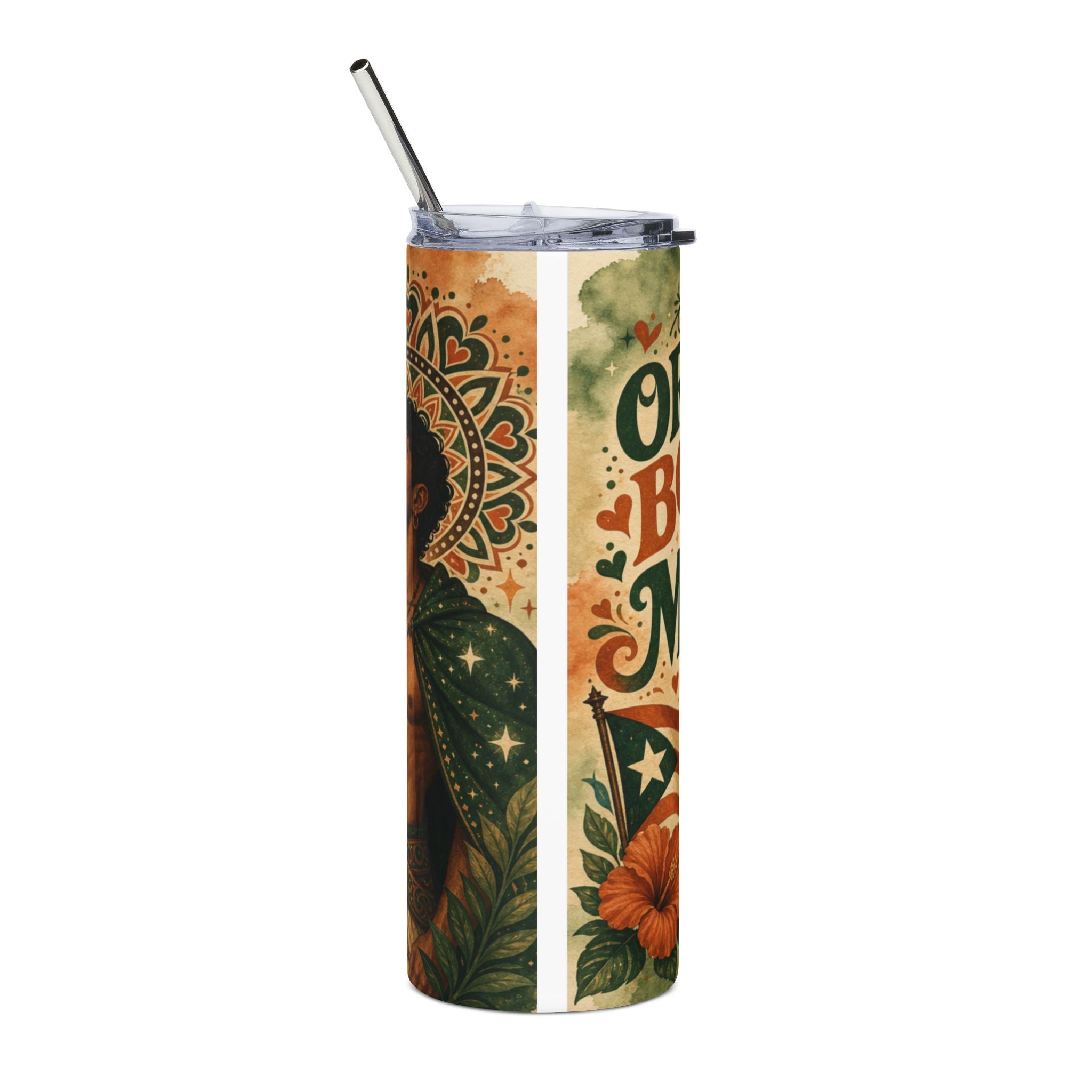 Tumbler with a portrait of a woman, floral design, and "Obra Maestra" text.