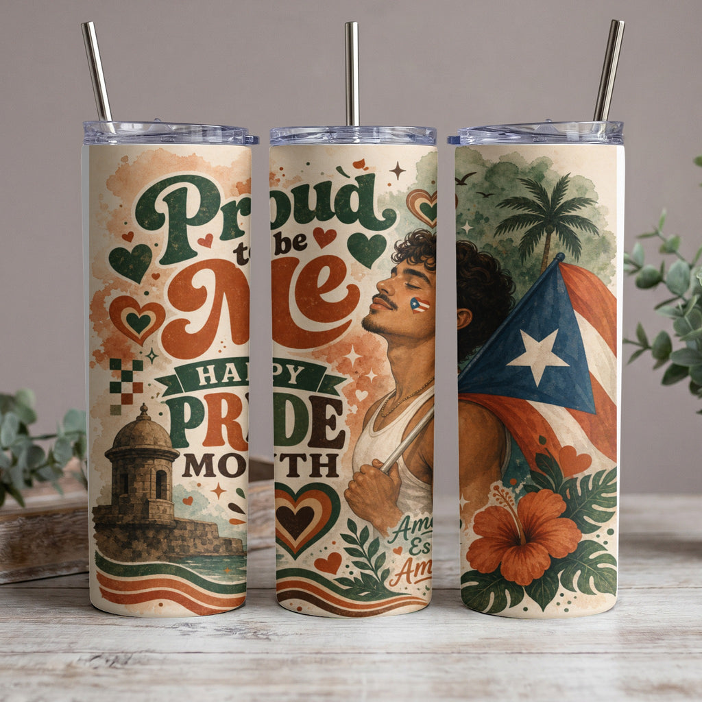 Proud to be Me Puerto Rican pride tumbler with flag and historic fort.