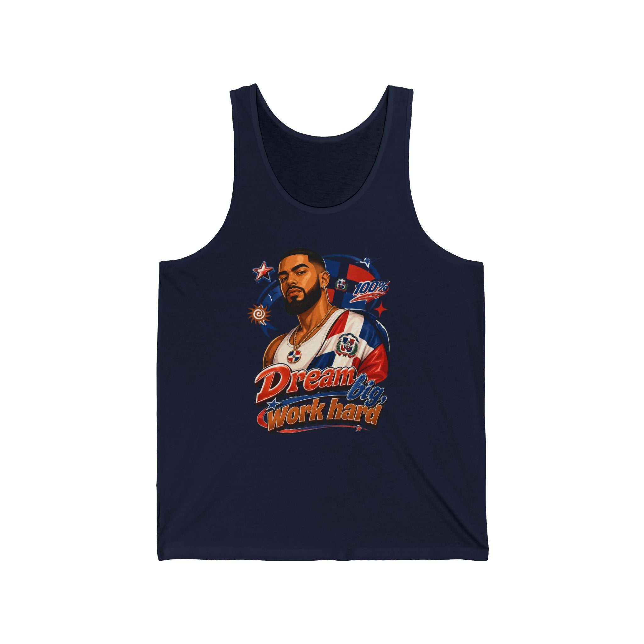 Dominican flag colors on a tank top with "Dream big, work hard" text.