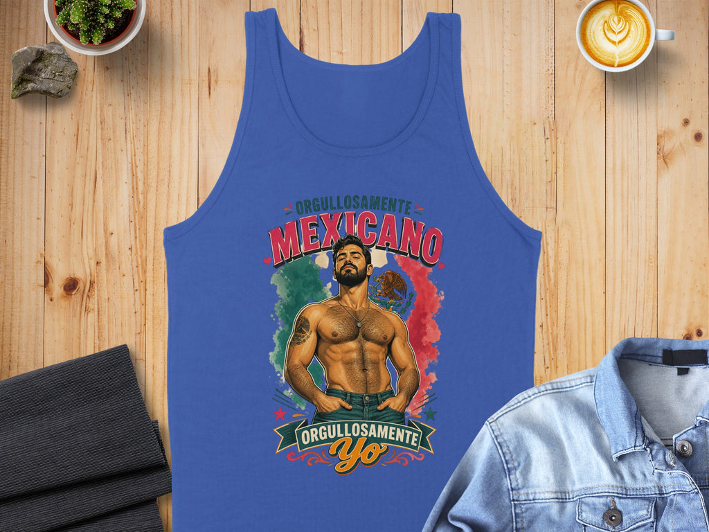 Blue tank top with "Orgullosamente Mexicano Yo" text and a muscular man illustration.