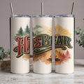 Three tumblers with "His Bear" text and camping graphics featuring pine trees and campfire.