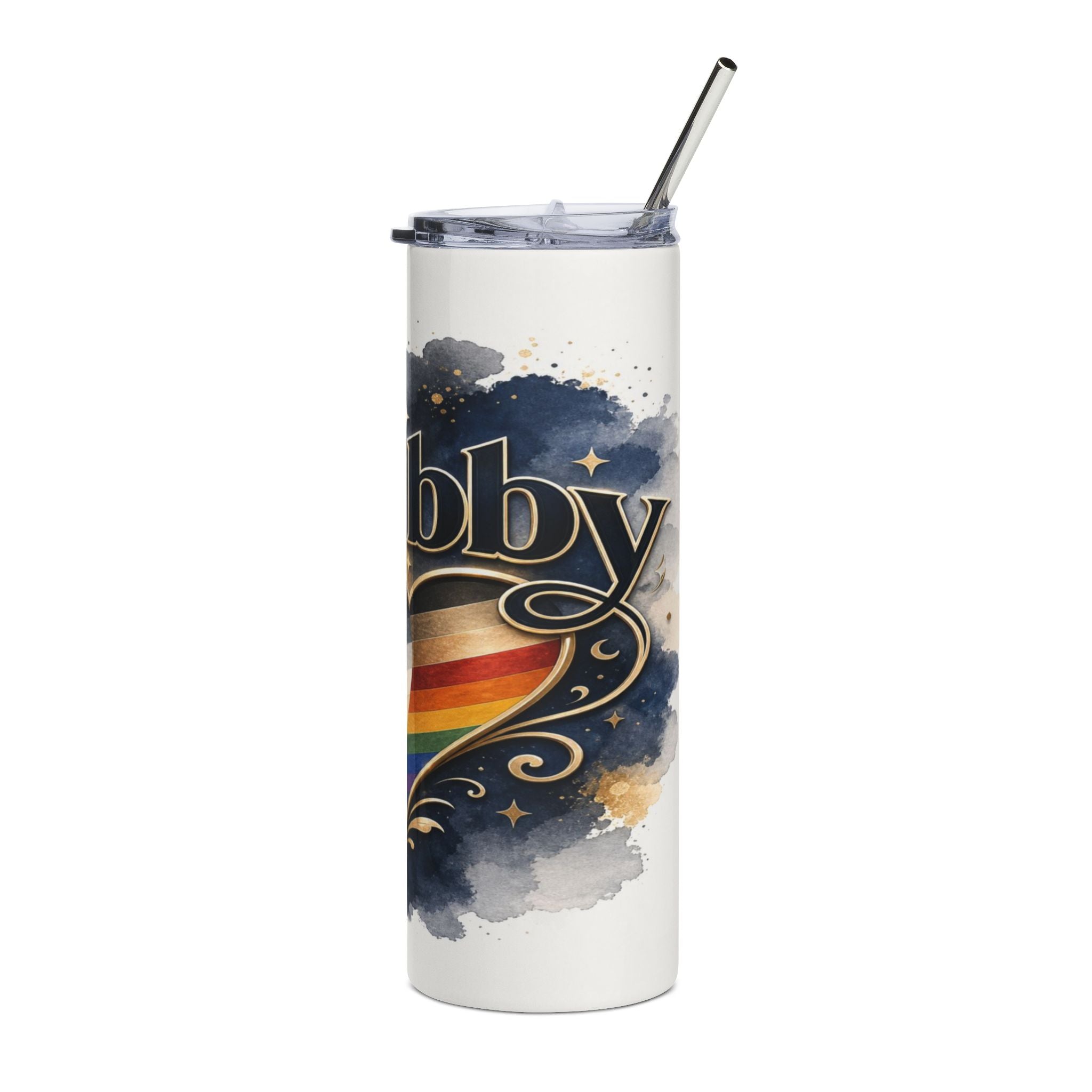 White tumbler with rainbow heart, dark watercolor splashes, stars, and the word "bby".