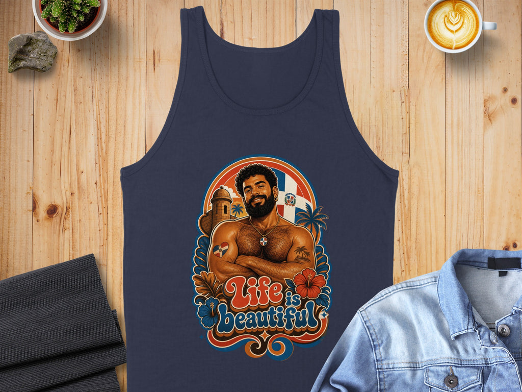 Navy blue tank top with a man, flag, and flowers, saying "Life is Beautiful".