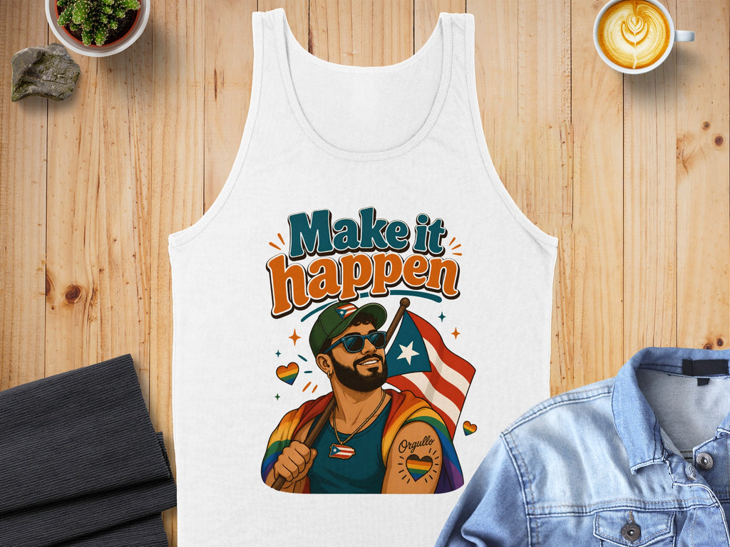 White tank top with "Make it Happen" slogan, Puerto Rican flag, and rainbow heart tattoo.