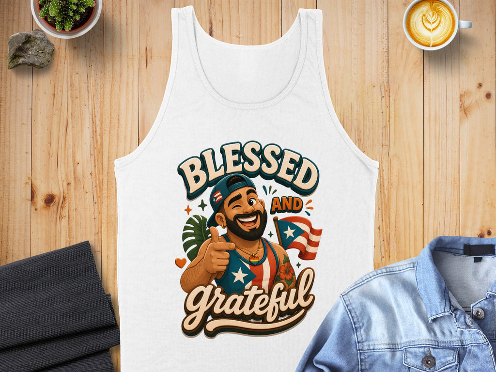 White tank top with "Blessed and Grateful" text and Puerto Rican flag graphic.