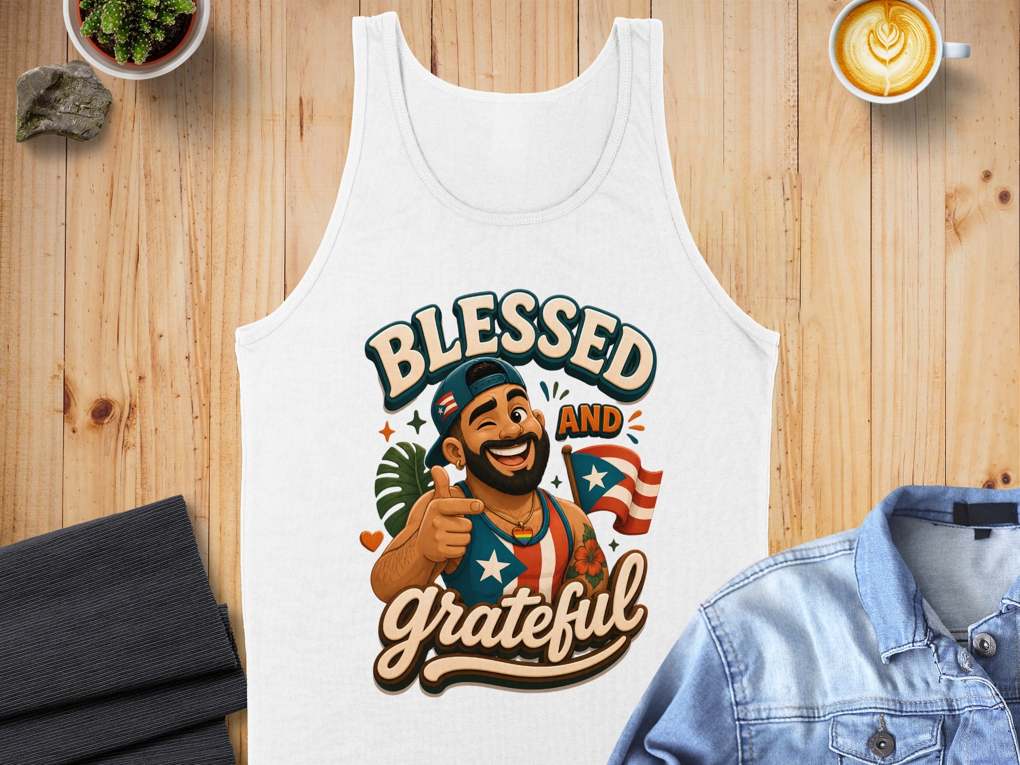 White tank top with "Blessed and Grateful" text and Puerto Rican flag graphic.
