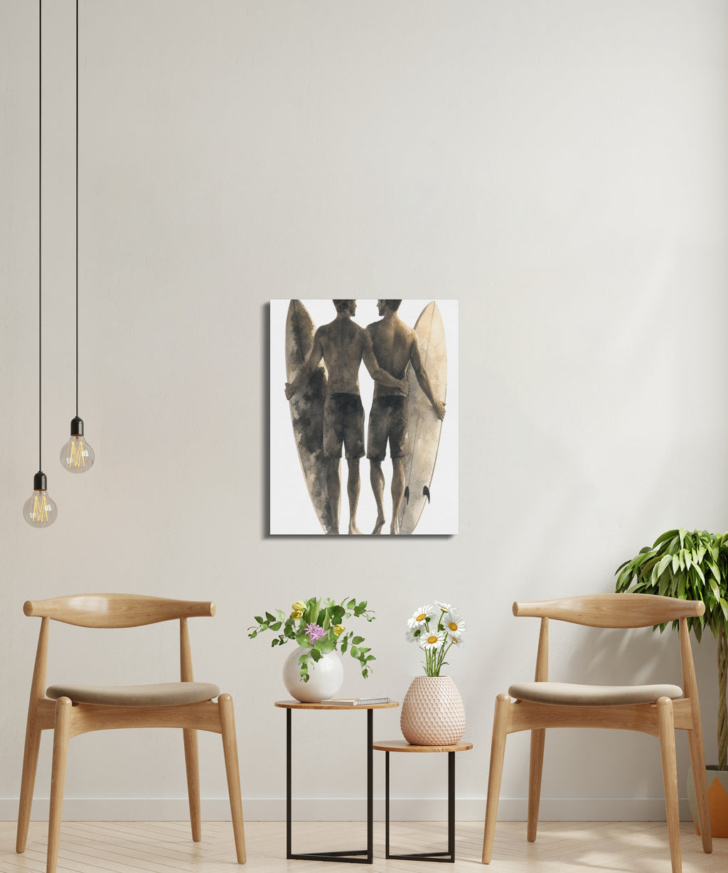 Painting of two men with surfboards embraces on white background
