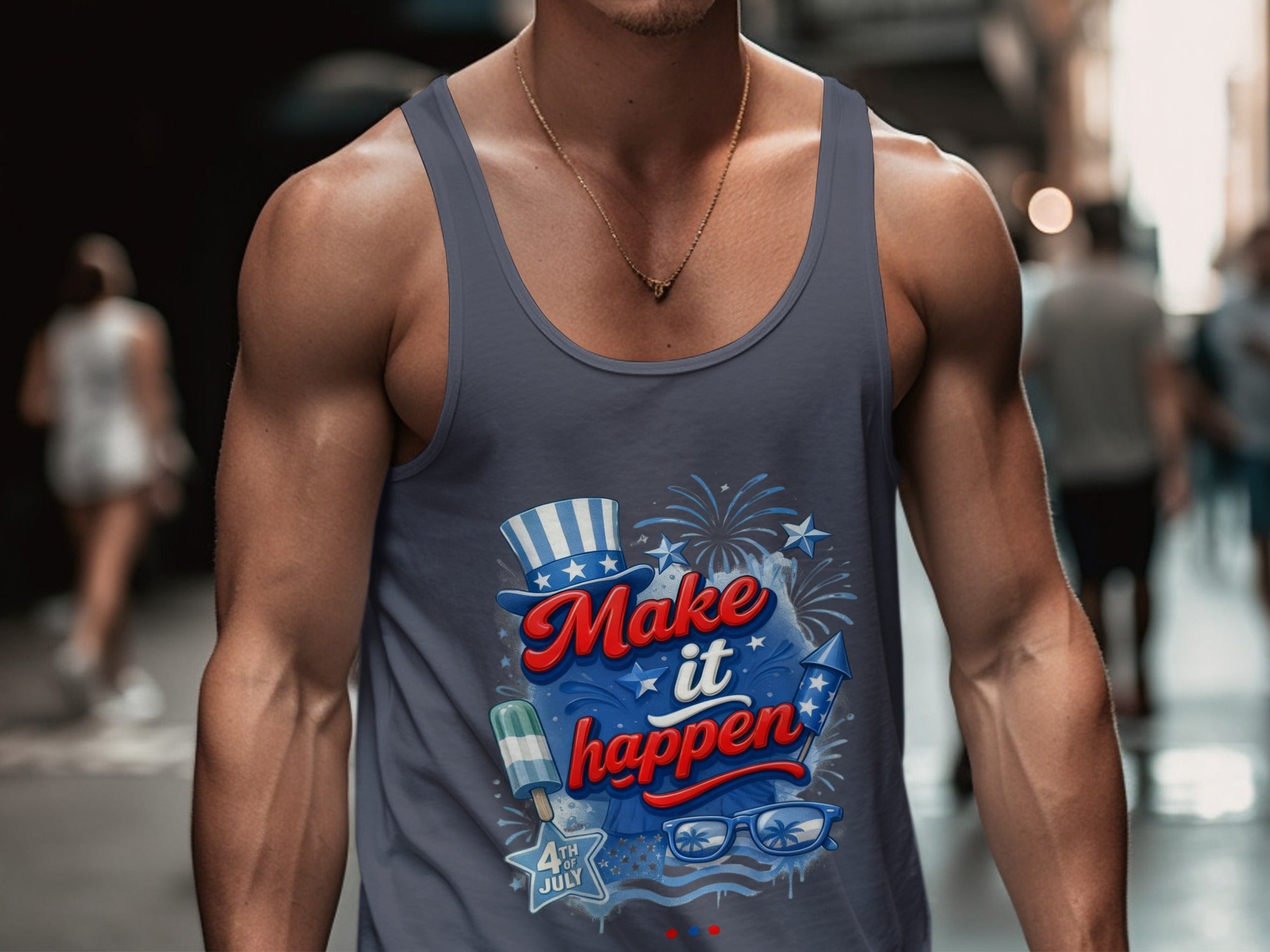 Dark blue tank top with patriotic graphic: "Make it happen" and 4th of July elements.
