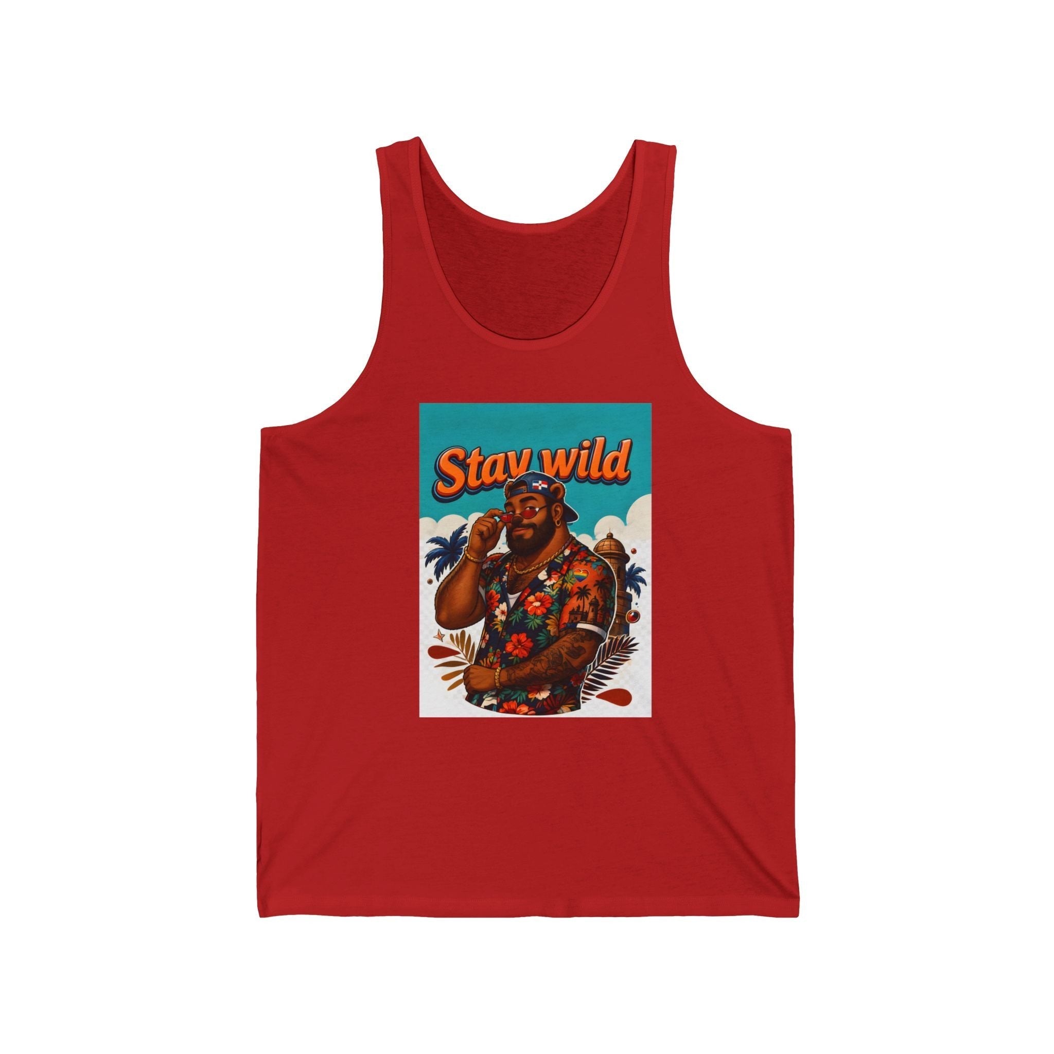 Red tank top with "Stay Wild" graphic featuring a bear in sunglasses.